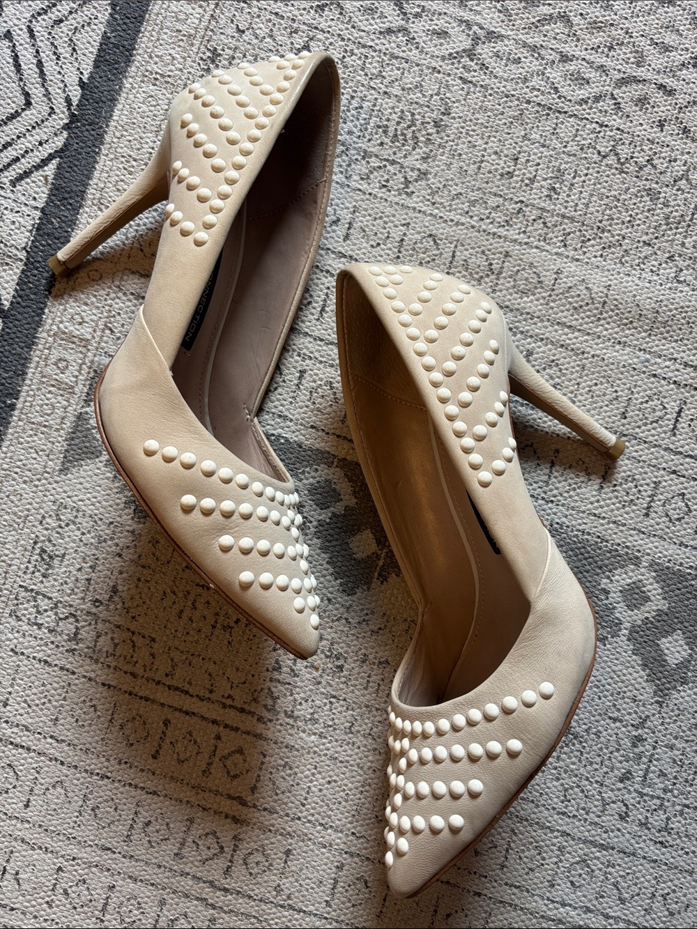 French Connection Classic Studded Pointed-Toe Pumps in Beige